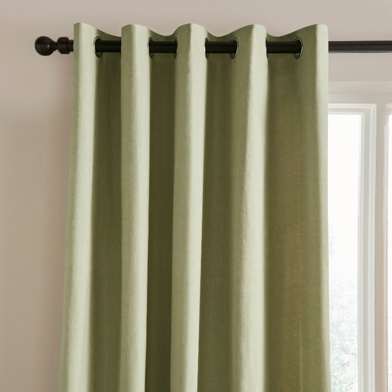 Yarn Dyed 100% Cotton Chambray Lined Eyelet Curtains Two Panels - Sage