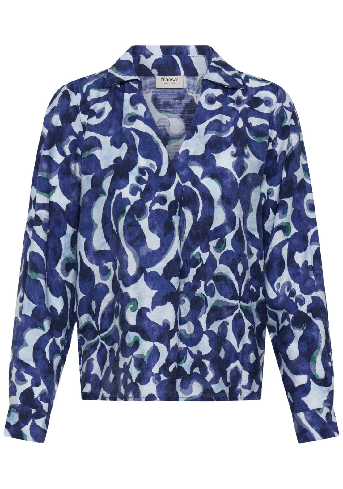 Fransa Lightweight Long Sleeve Patterened Blouse - Boho Bloom Navy/green 1 Shaws Department Stores