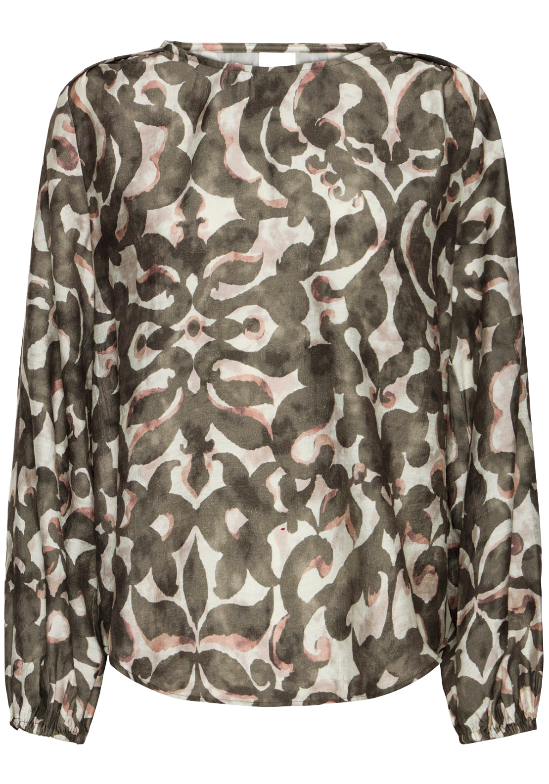 Fransa Abstract Long Sleeve Blouse - Boho Bloom Smokey Olive 2 Shaws Department Stores