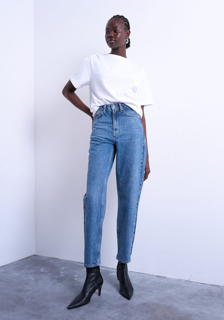 Topshop Original High Rise Mom Jeans - Medium Blue Denim 1 Shaws Department Stores