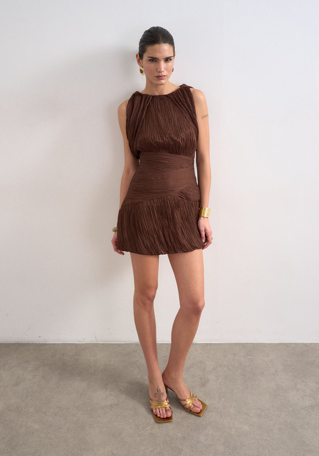 Svea Short Sleeve Drape Mini Dress - Chocolate Brown