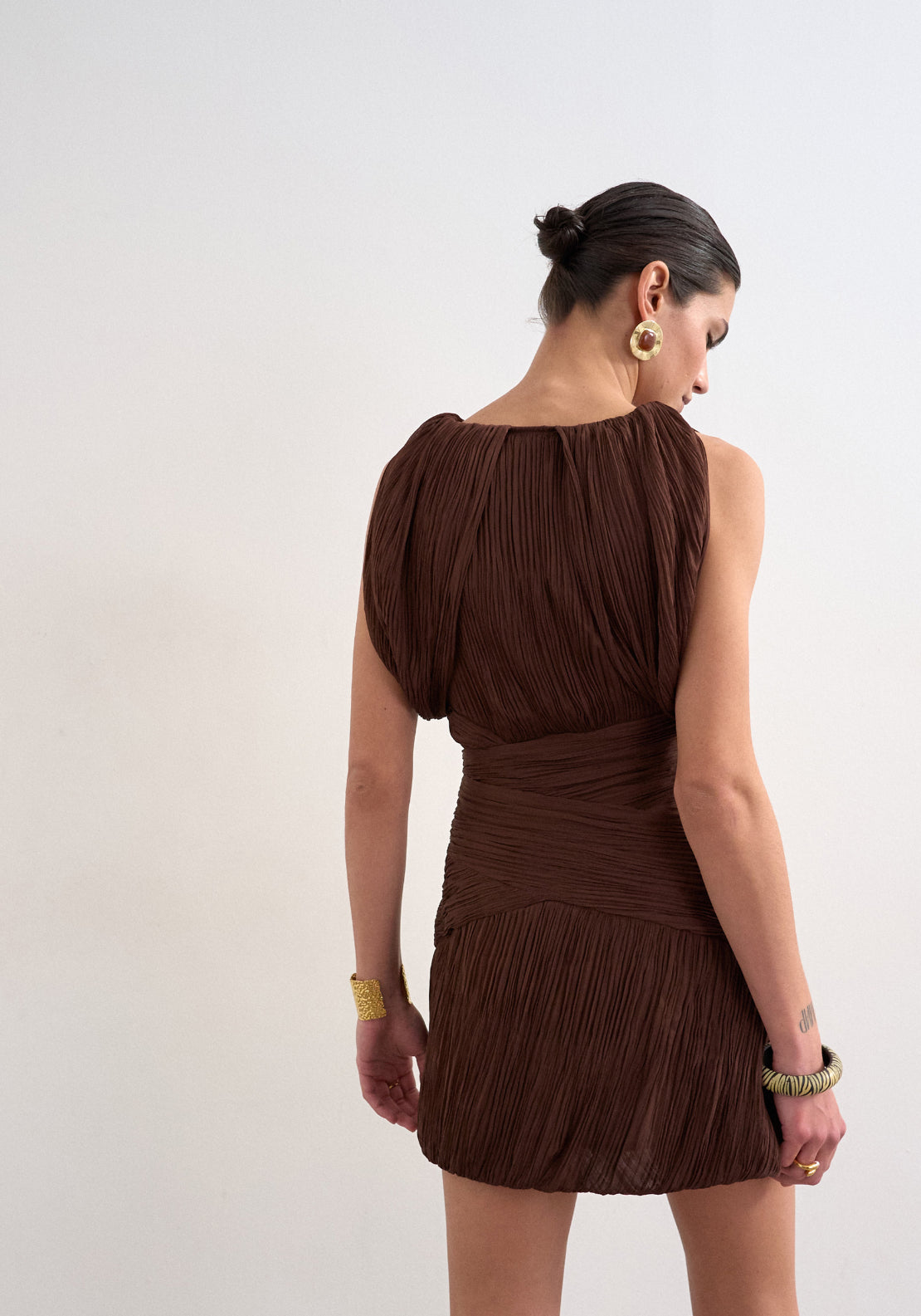 Svea Short Sleeve Drape Mini Dress - Chocolate Brown