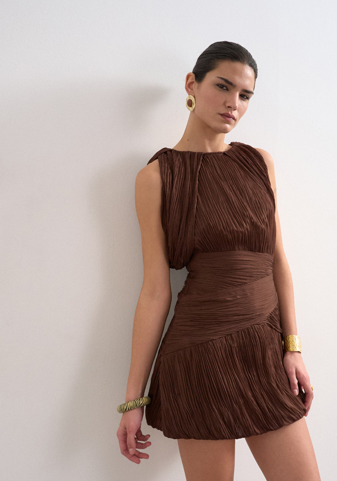 Svea Short Sleeve Drape Mini Dress - Chocolate Brown