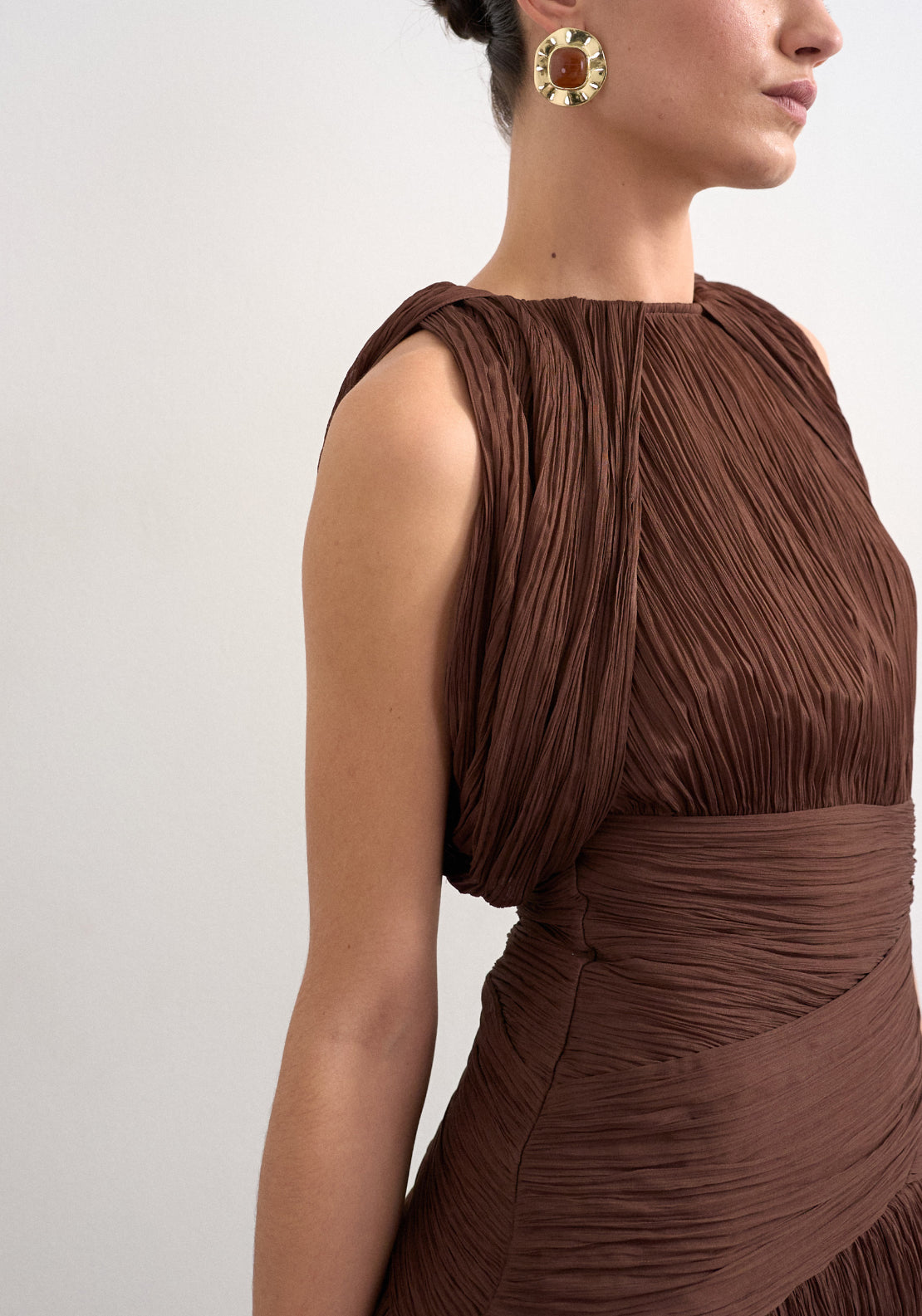 Svea Short Sleeve Drape Mini Dress - Chocolate Brown