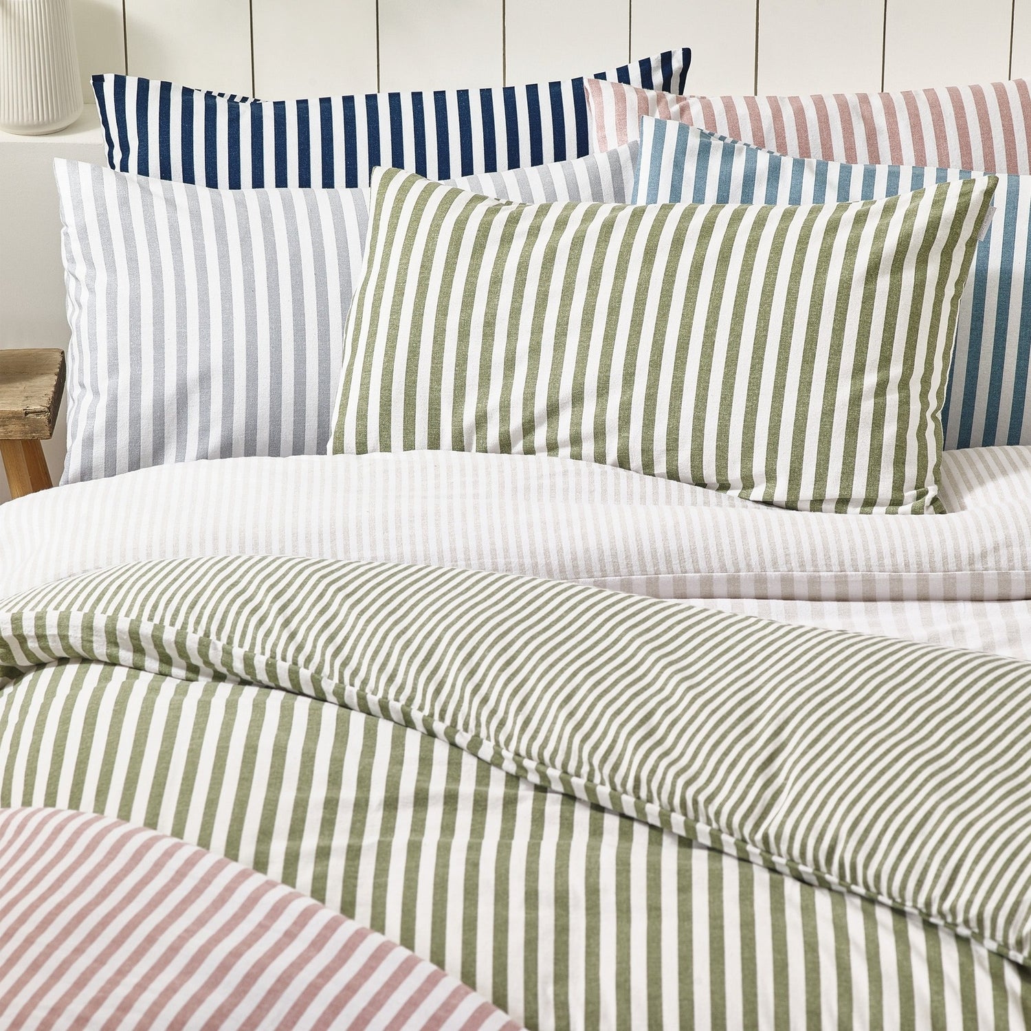 The Home Collection 100% Brushed Cotton Stripe Duvet Cover Set Green - Green 2 Shaws Department Stores