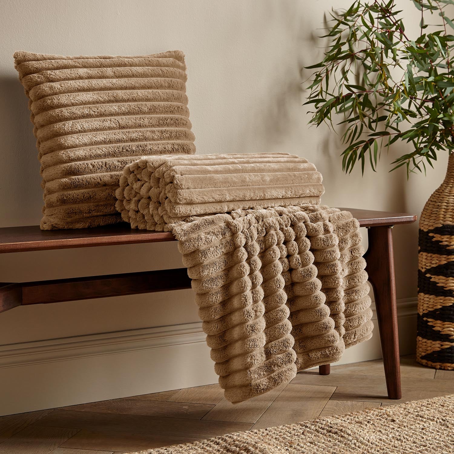 The Home Collection Soft and Cosy Ribbed Throw - Natural 1 Shaws Department Stores