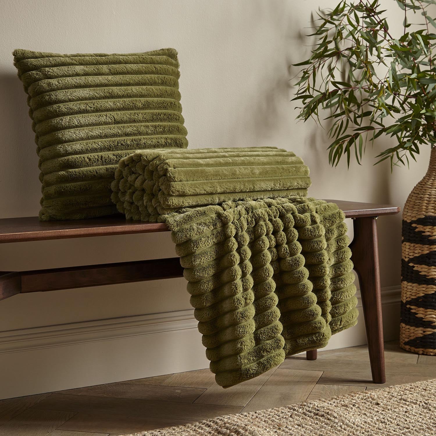 The Home Collection Soft and Cosy Ribbed Throw Cream - Green 1 Shaws Department Stores