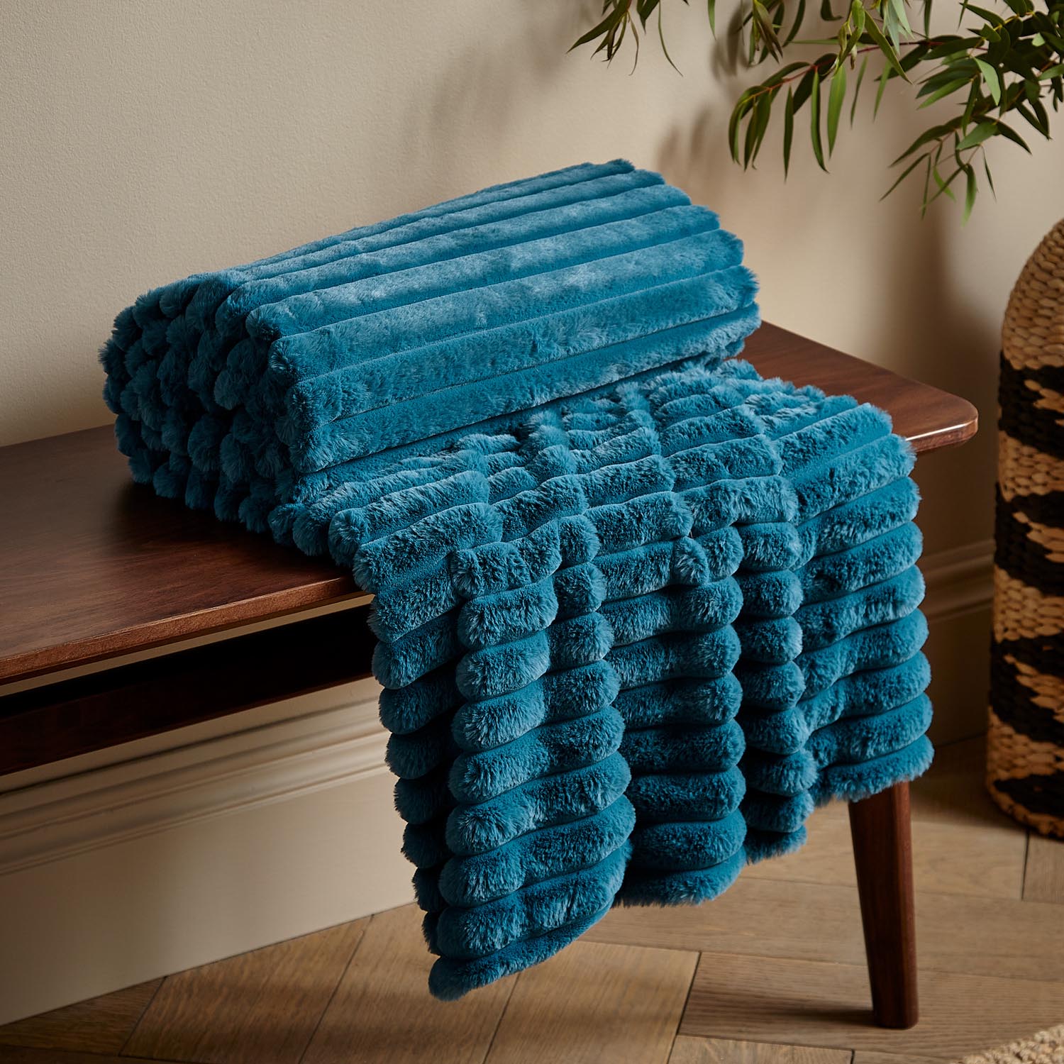 The Home Collection Soft and Cosy Ribbed Throw Cream - Blue 1 Shaws Department Stores
