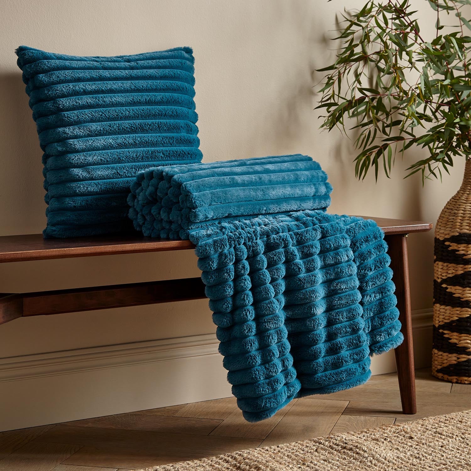 The Home Collection Soft and Cosy Ribbed Throw Cream - Blue 2 Shaws Department Stores