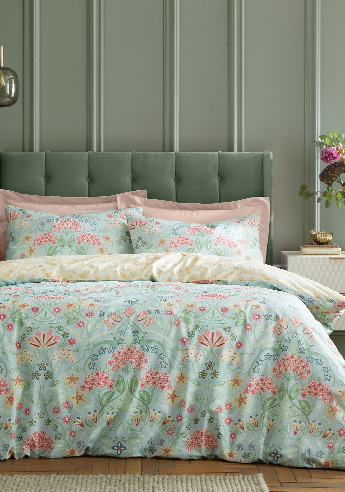 Rhs Art Deco Hydrangea Reversible Cotton Duvet Cover Set - Green 1 Shaws Department Stores