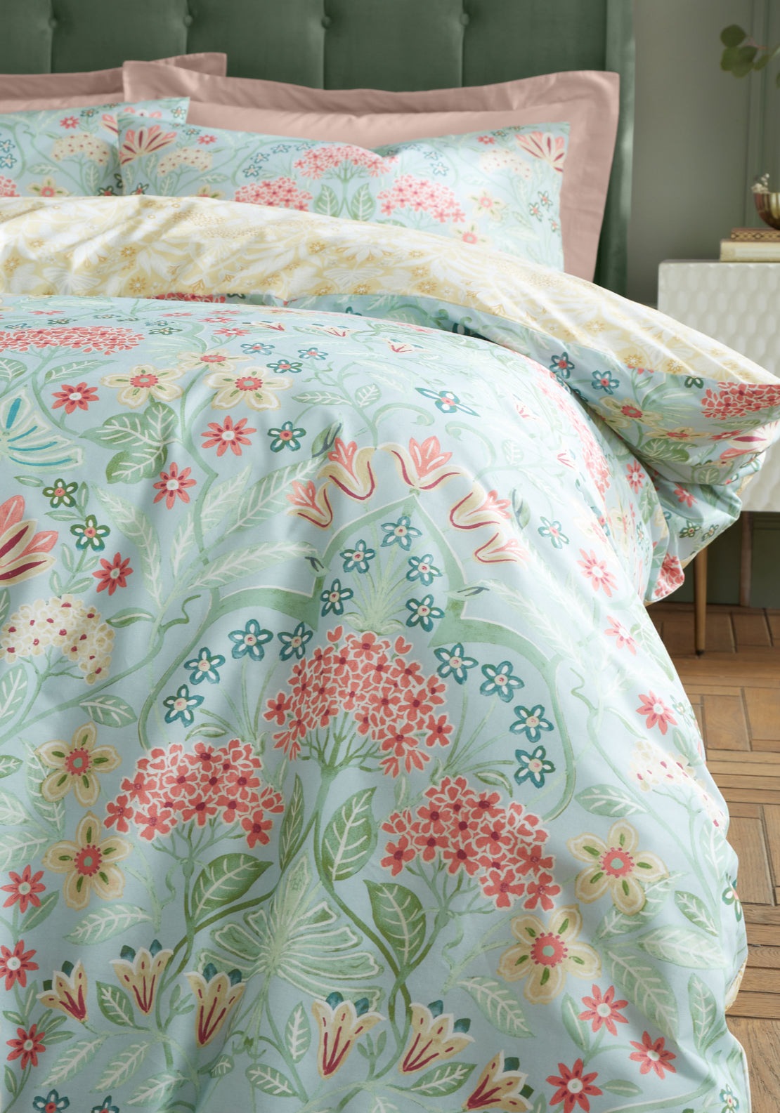 Rhs Art Deco Hydrangea Reversible Cotton Duvet Cover Set - Green 4 Shaws Department Stores