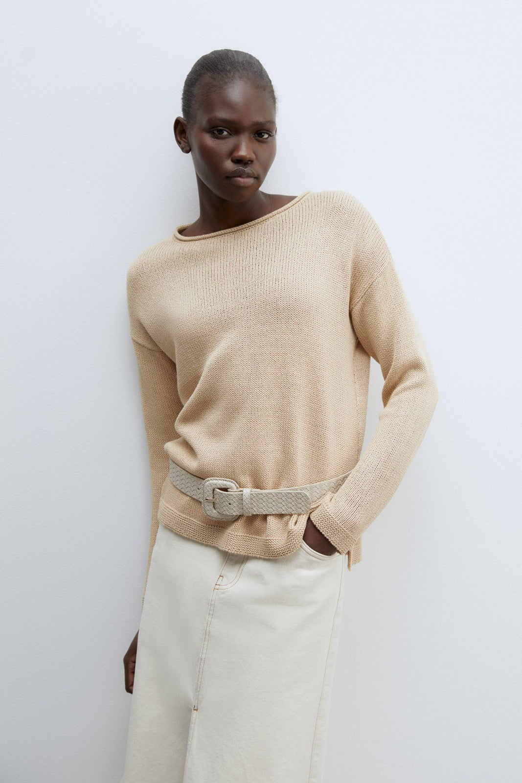 Sfera Trim detail plain sweater - Beige 1 Shaws Department Stores