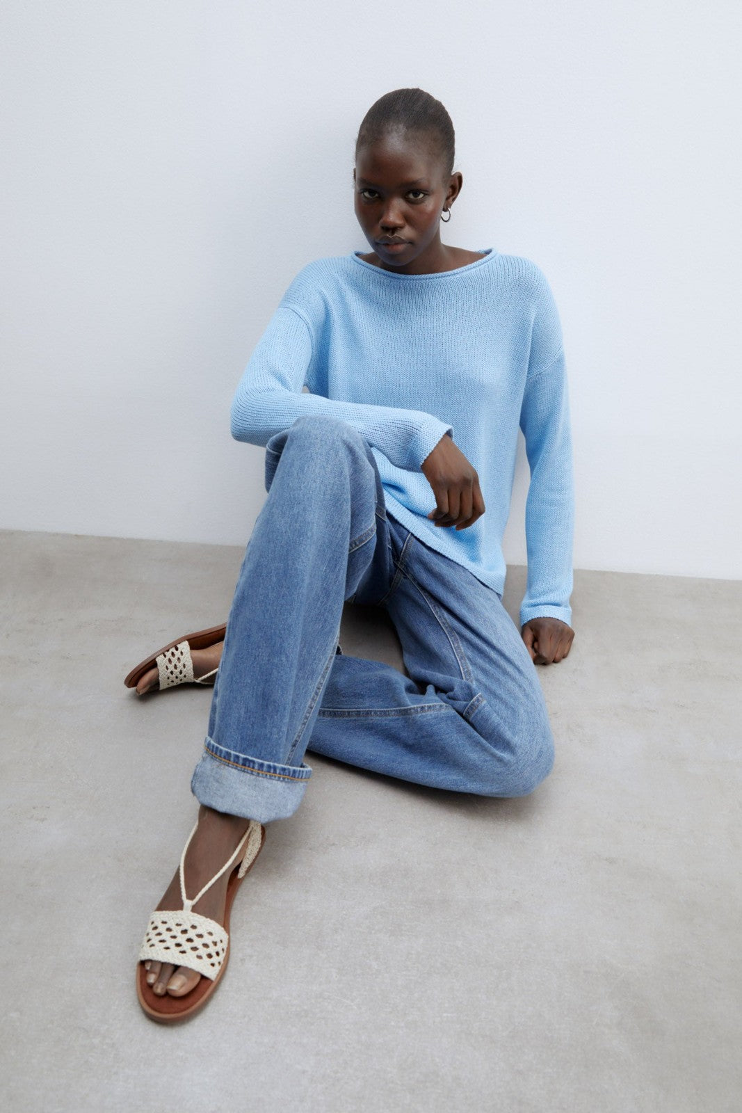 Sfera Trim detail plain sweater - Blue 3 Shaws Department Stores