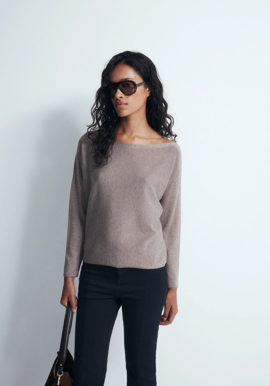 Asymmetric Neckline Sweater - Beige