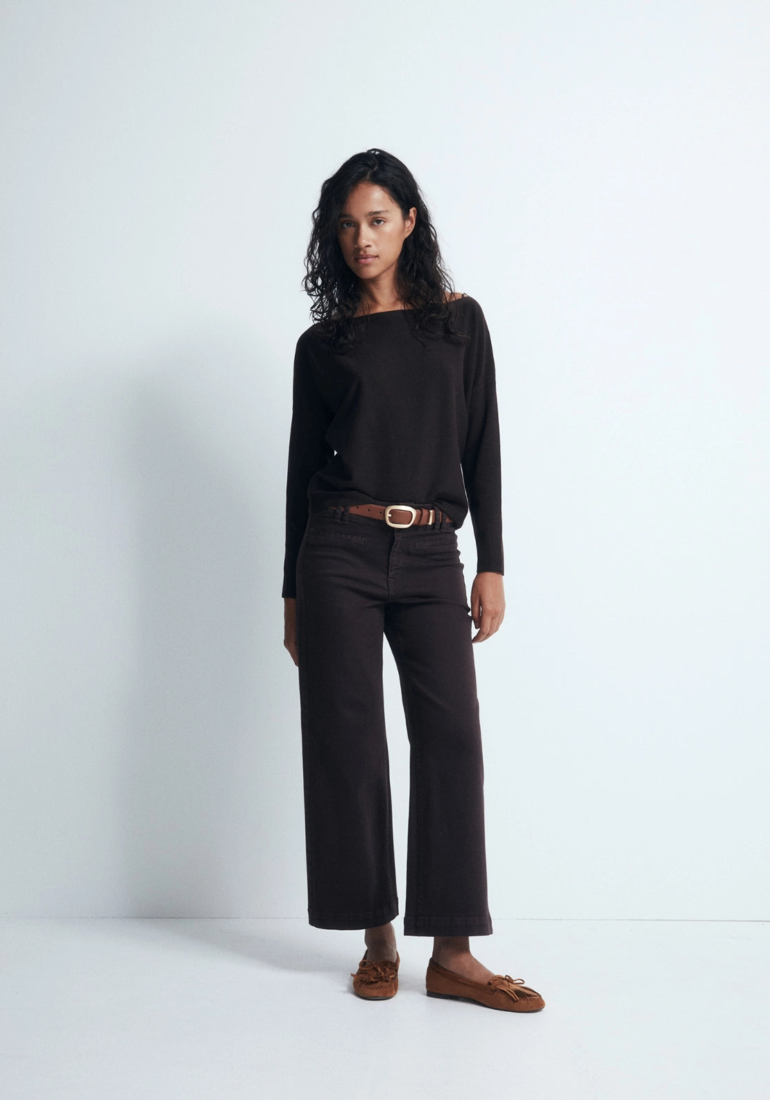 Asymmetric Neckline Sweater - Brown