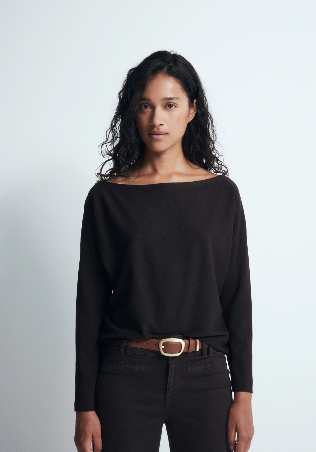Asymmetric Neckline Sweater - Brown
