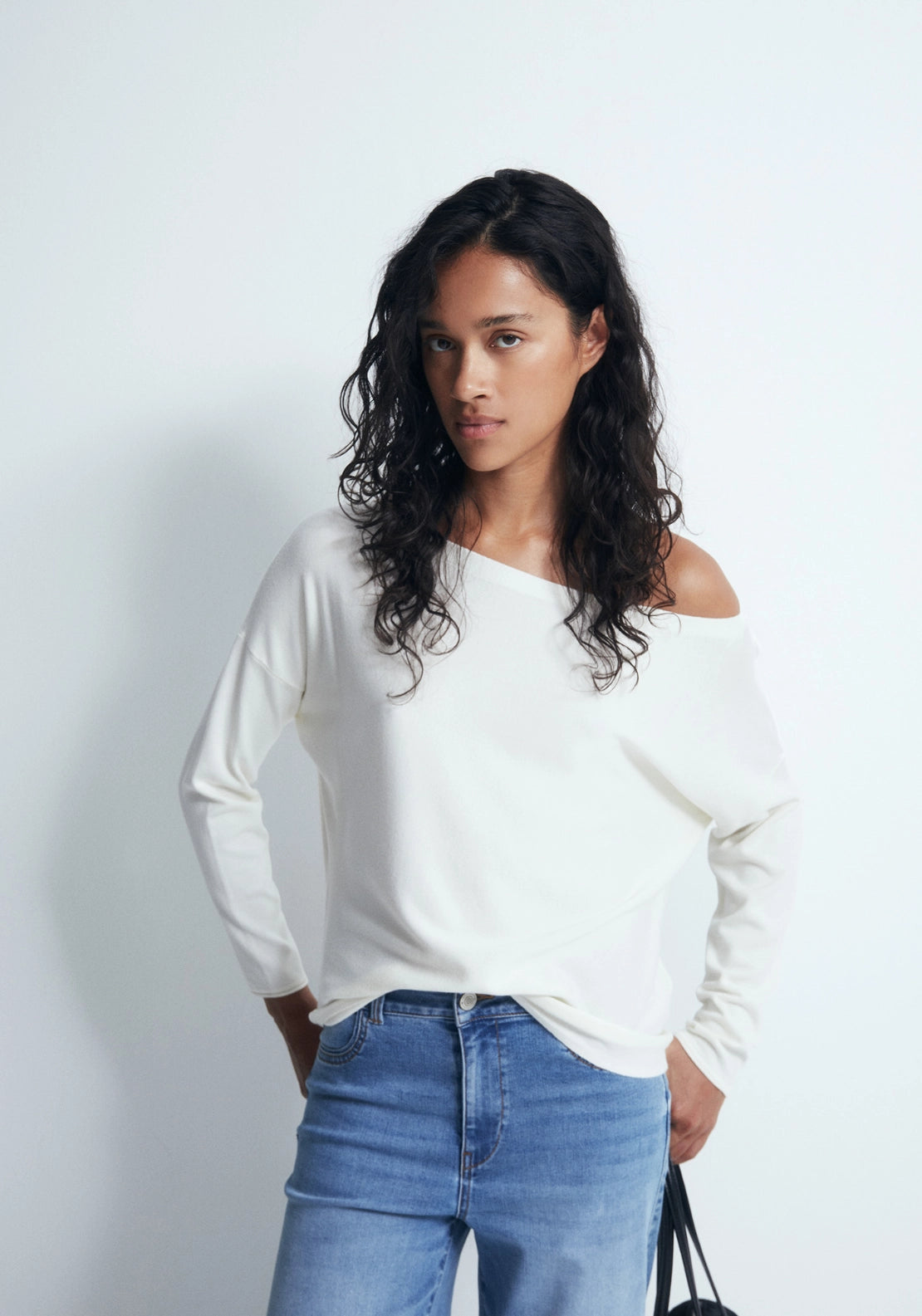 Asymmetric Neckline Sweater - White