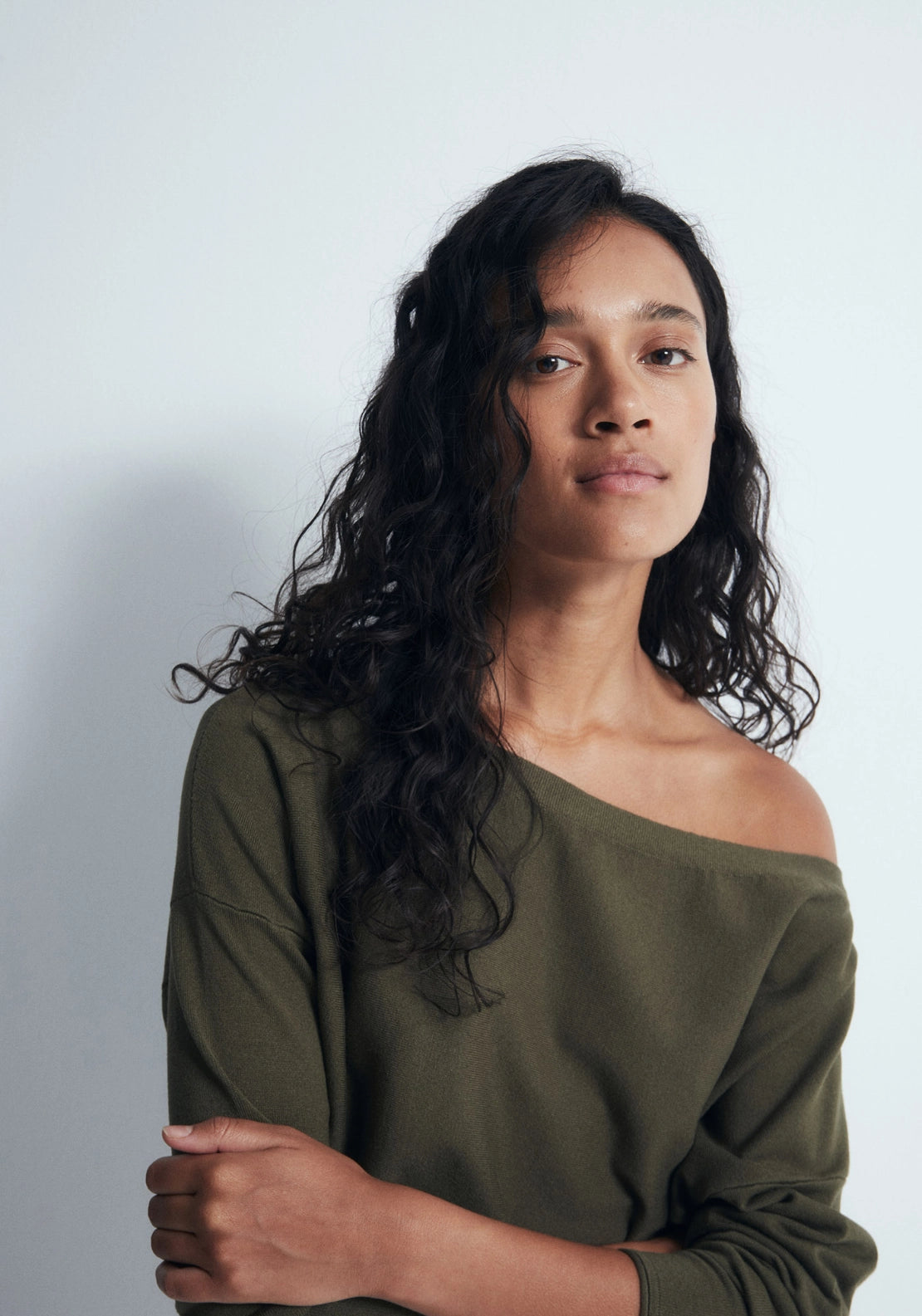 Asymmetric Neckline Sweater - Green
