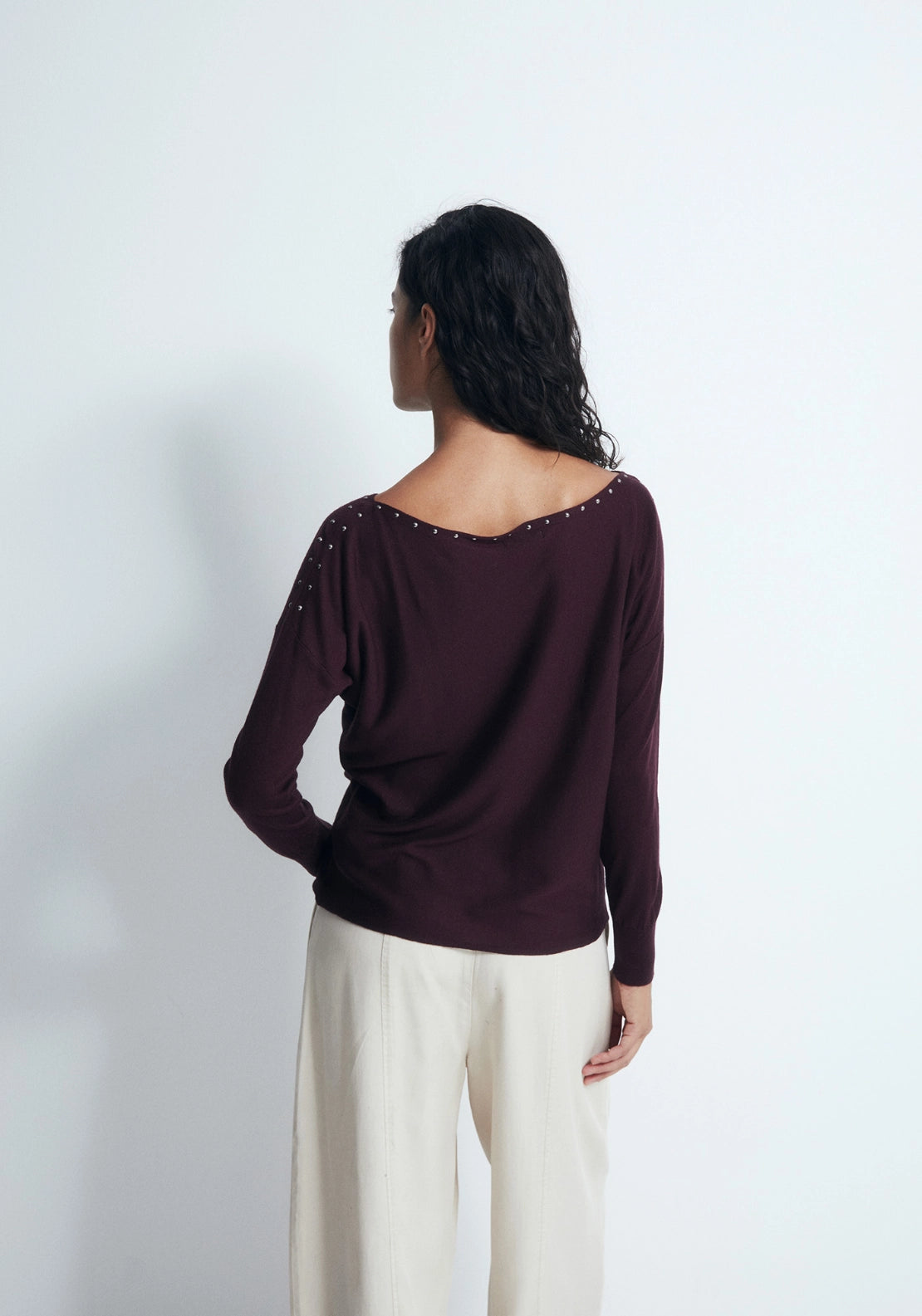 Mini Stud Asymmetric Neckline Sweater - Red