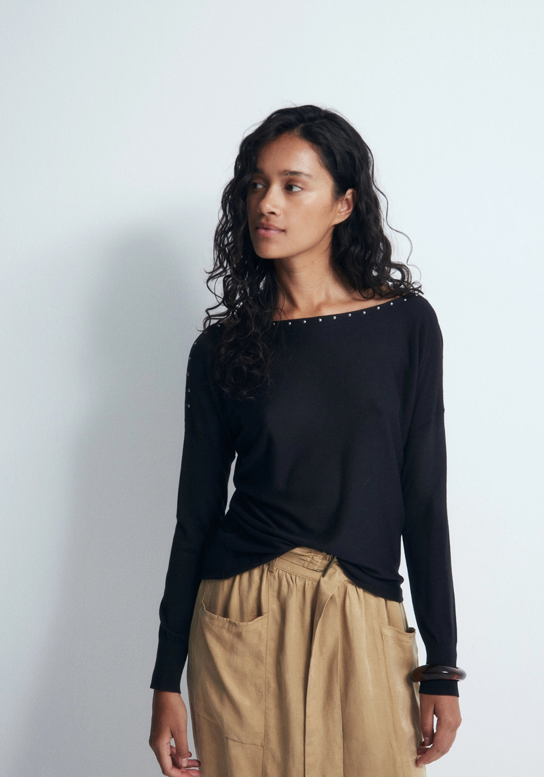 Mini Stud Asymmetric Neckline Sweater - Black