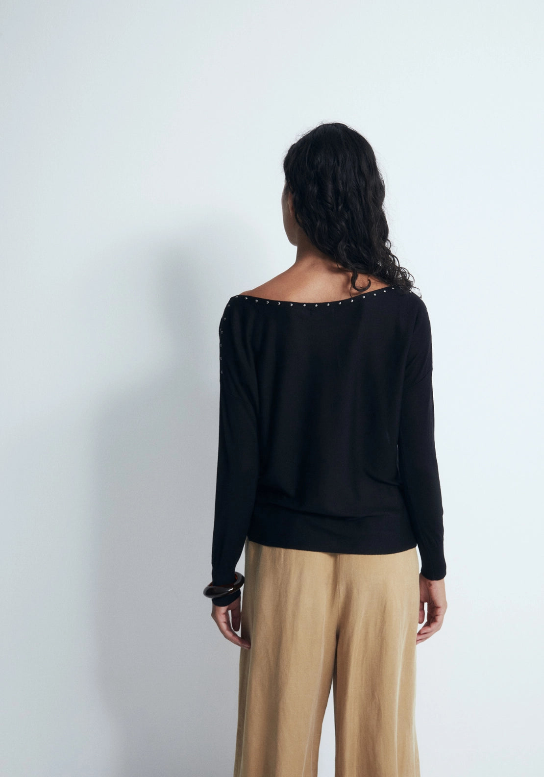 Mini Stud Asymmetric Neckline Sweater - Black