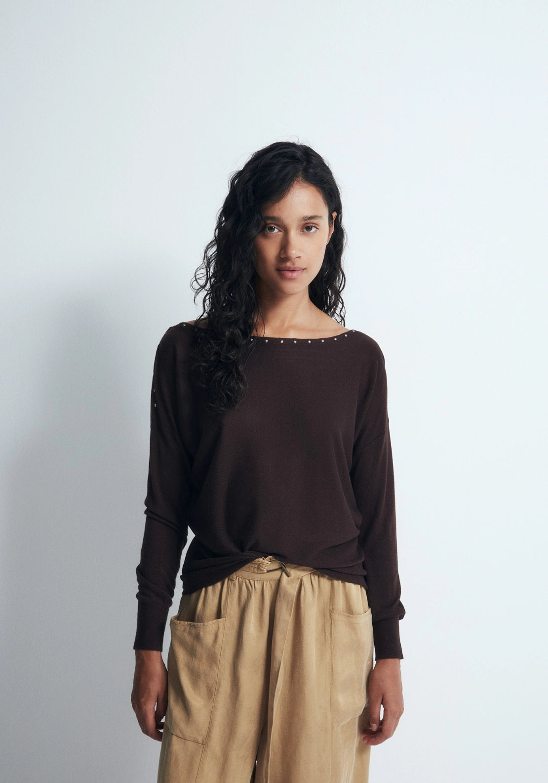 Mini Stud Asymmetric Neckline Sweater - Brown