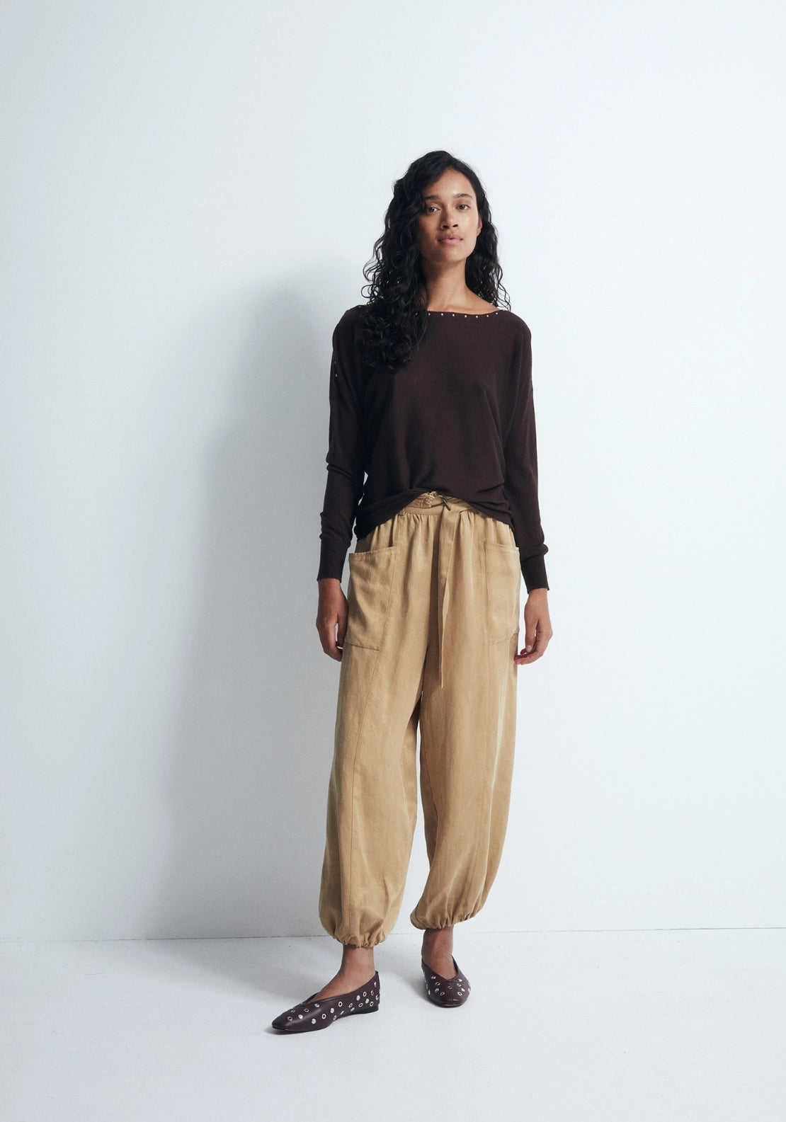 Mini Stud Asymmetric Neckline Sweater - Brown