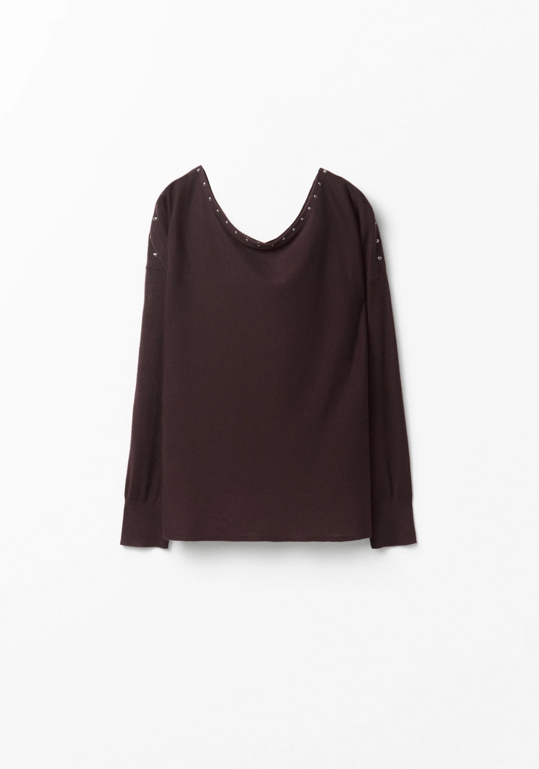 Mini Stud Asymmetric Neckline Sweater - Brown