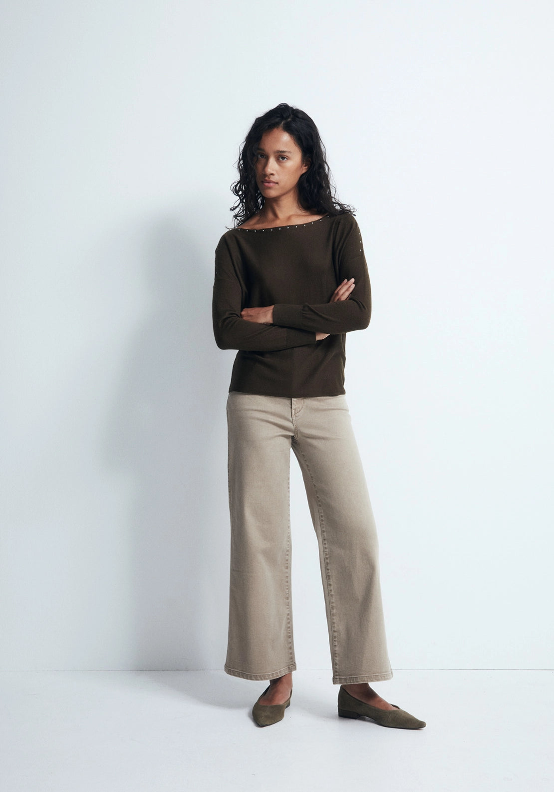 Mini Stud Asymmetric Neckline Sweater - Beige