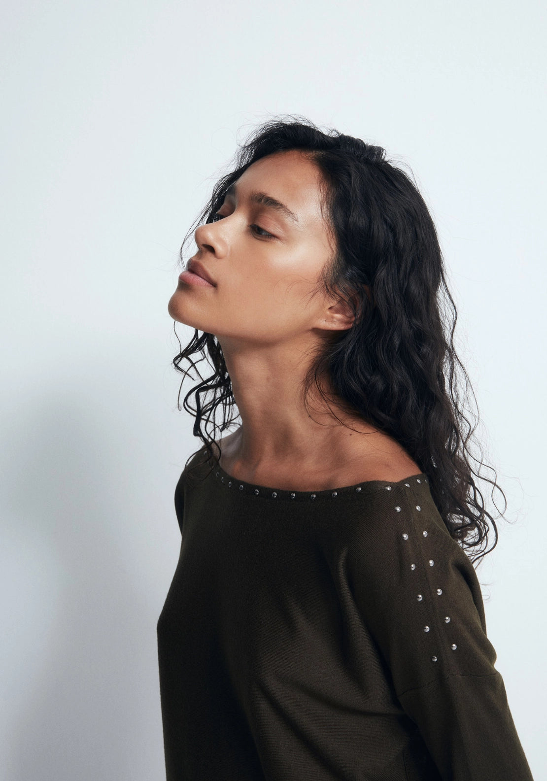 Mini Stud Asymmetric Neckline Sweater - Beige