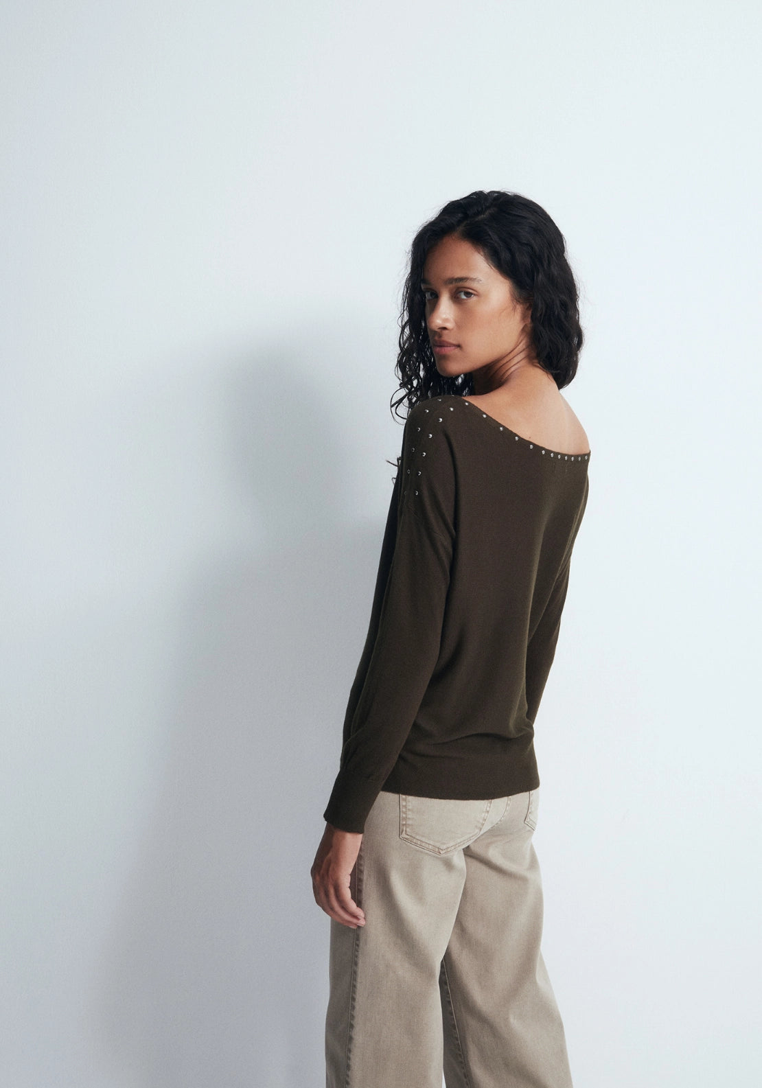 Mini Stud Asymmetric Neckline Sweater - Beige