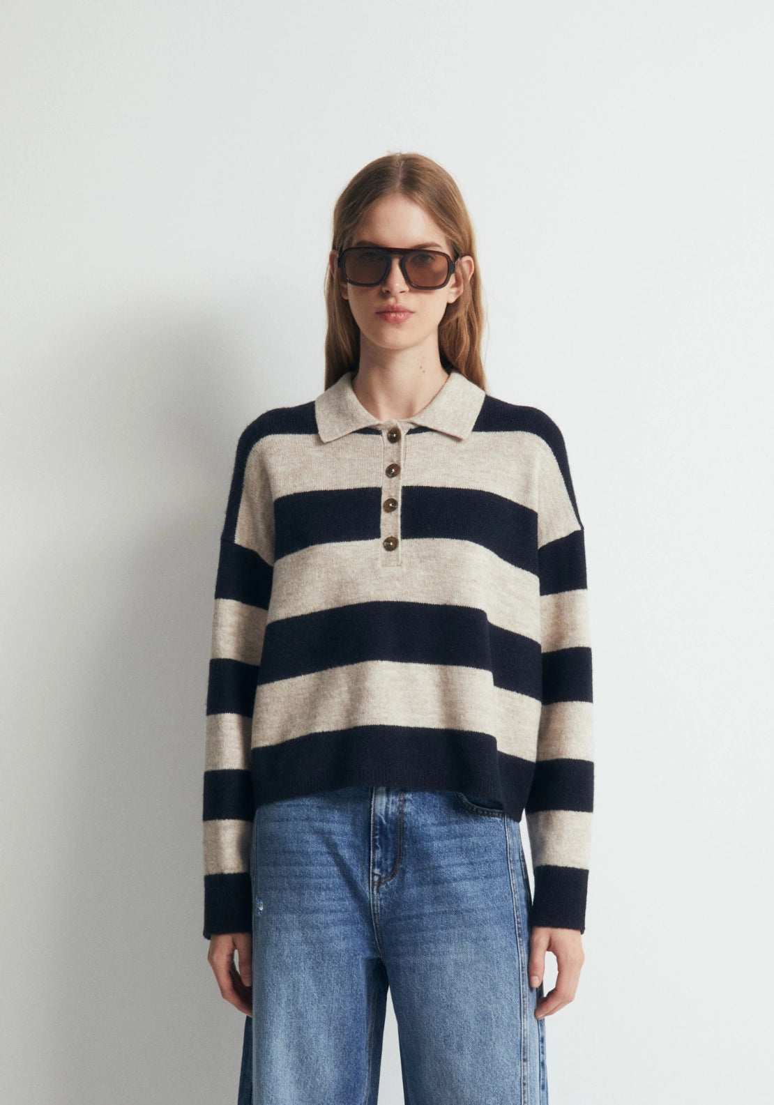 Striped Knit Polo Shirt - Blue