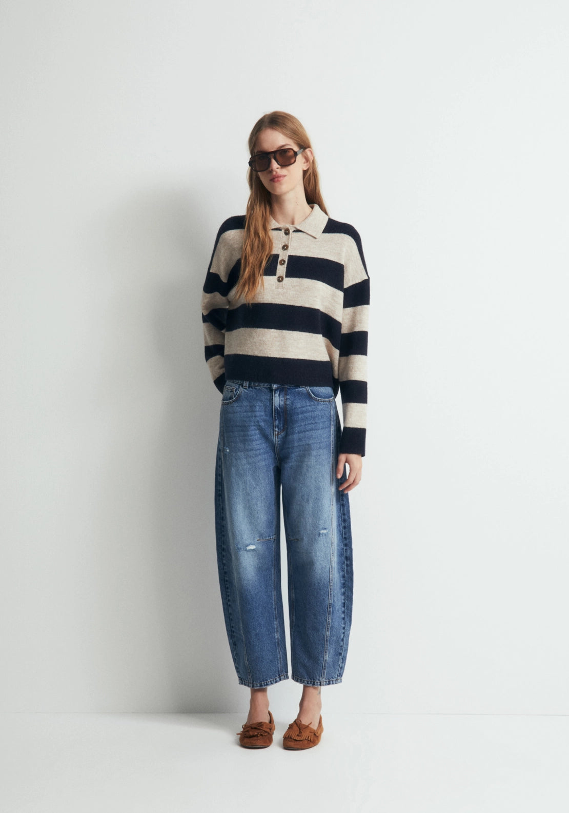 Striped Knit Polo Shirt - Blue