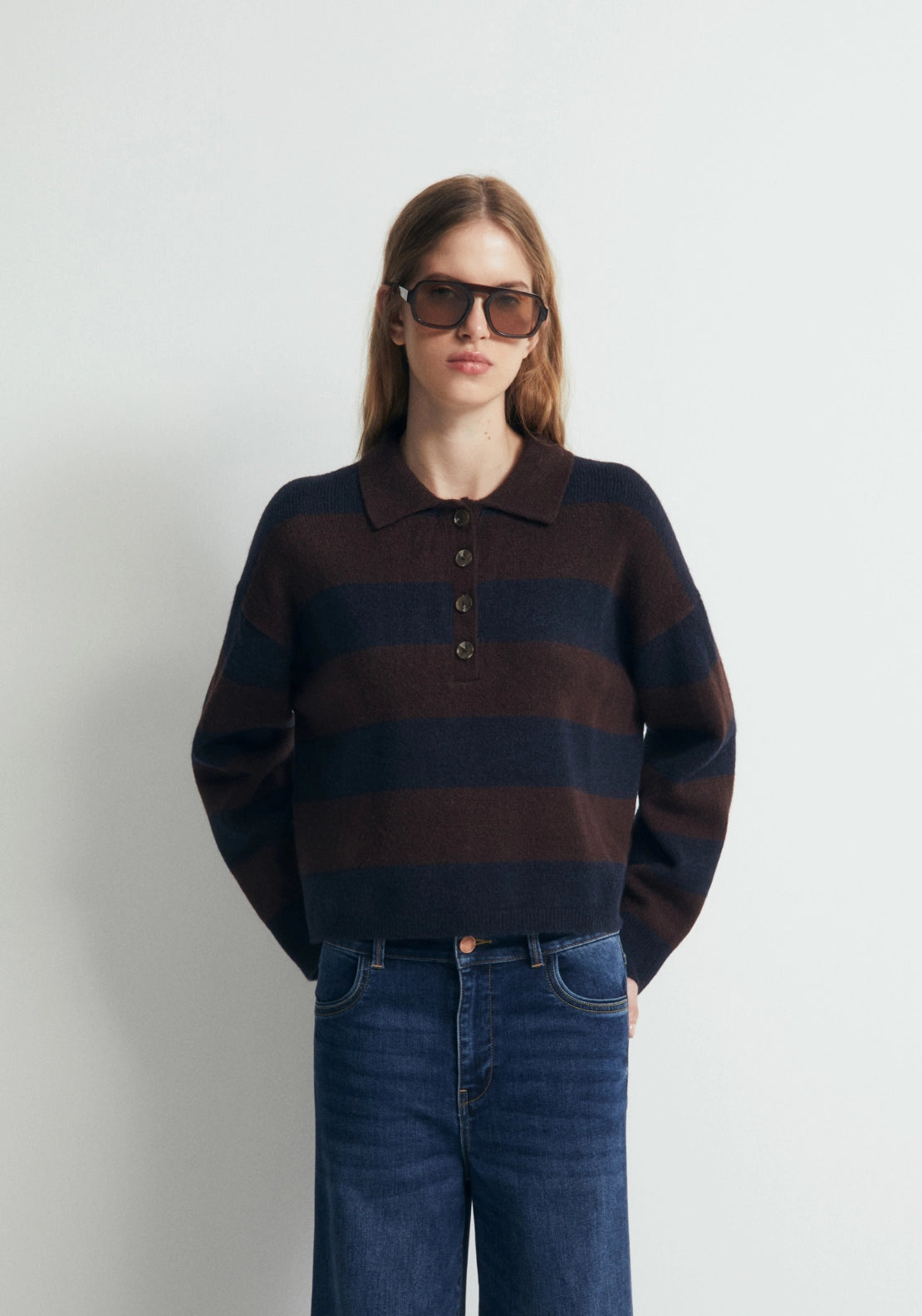 Striped Knit Polo Shirt - Brown