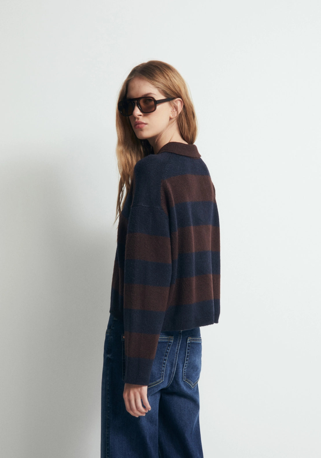 Striped Knit Polo Shirt - Brown