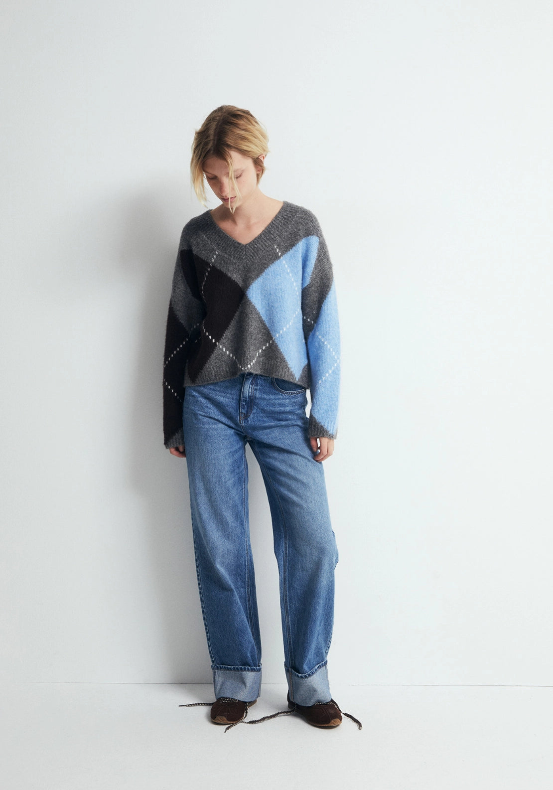 Argyle V Neck Knit Jumper - Grey