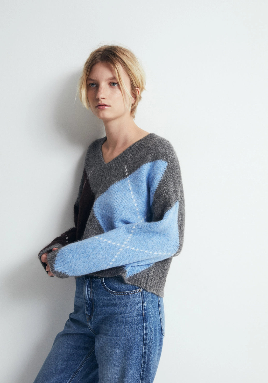 Argyle V Neck Knit Jumper - Grey