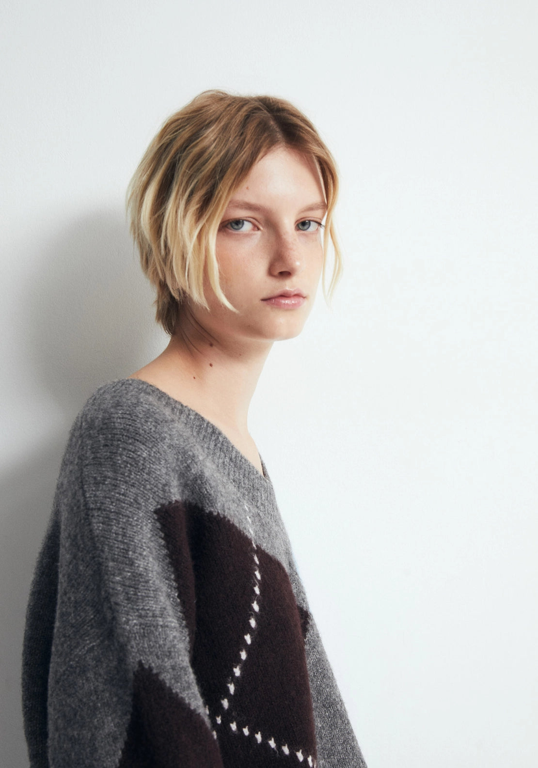 Argyle V Neck Knit Jumper - Grey