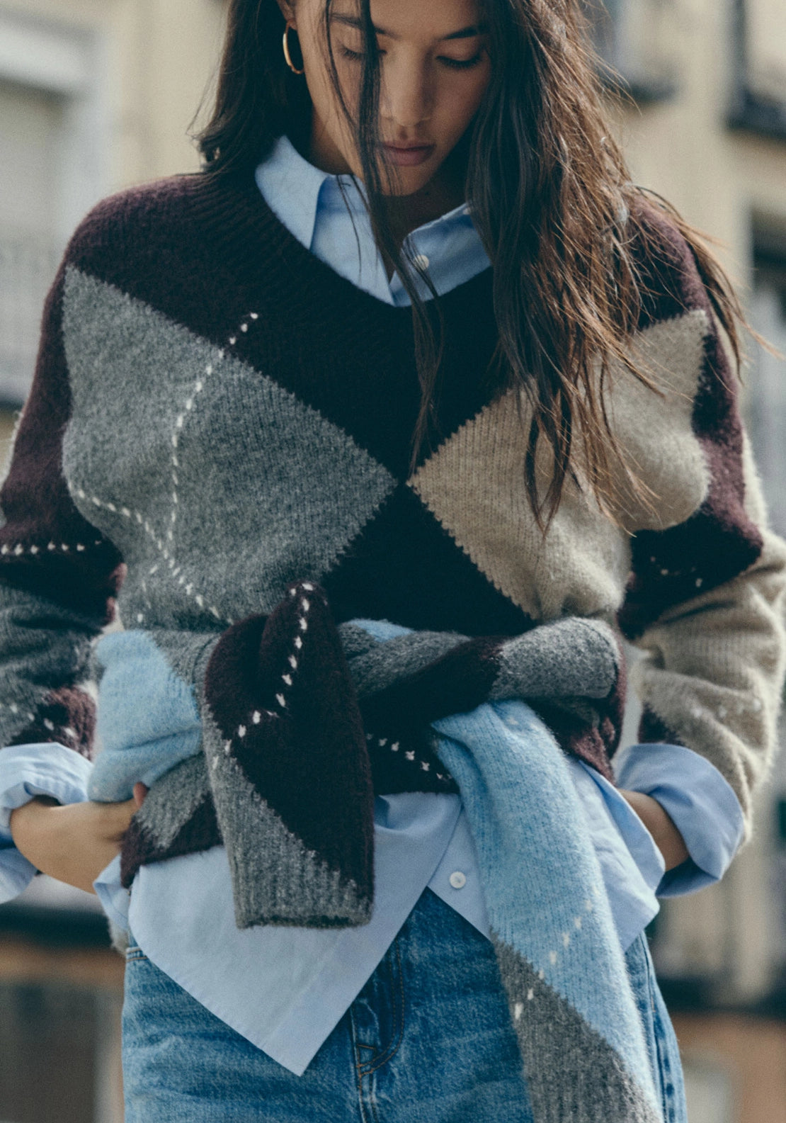 Argyle V Neck Knit Jumper - Dark Brown