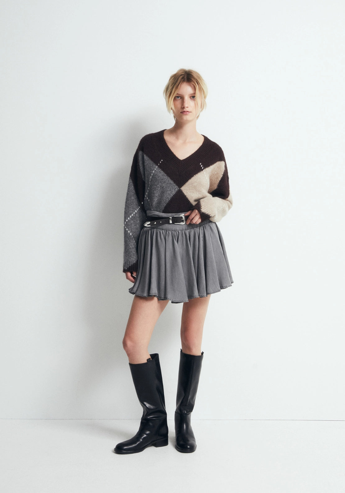 Argyle V Neck Knit Jumper - Dark Brown