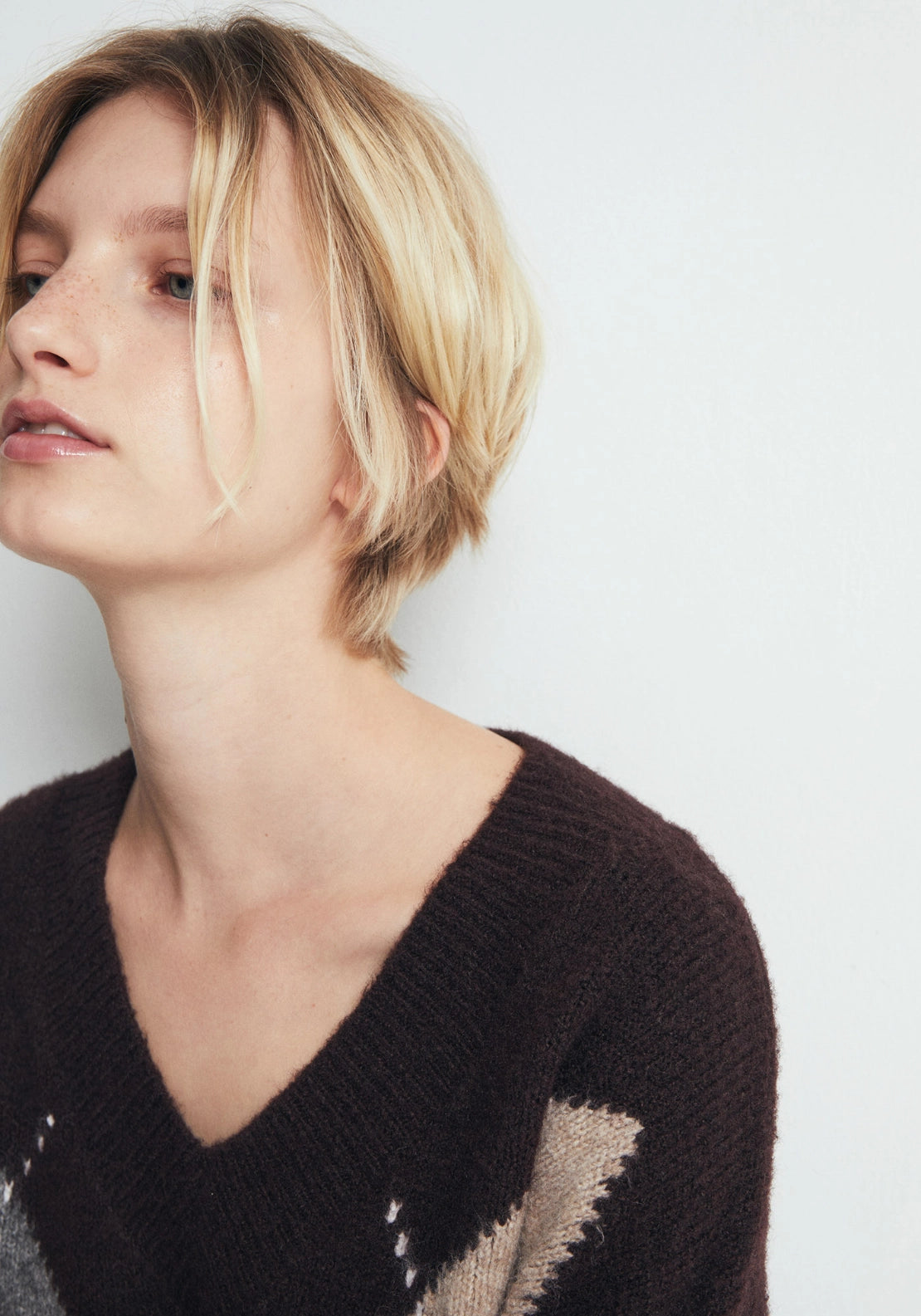 Argyle V Neck Knit Jumper - Dark Brown