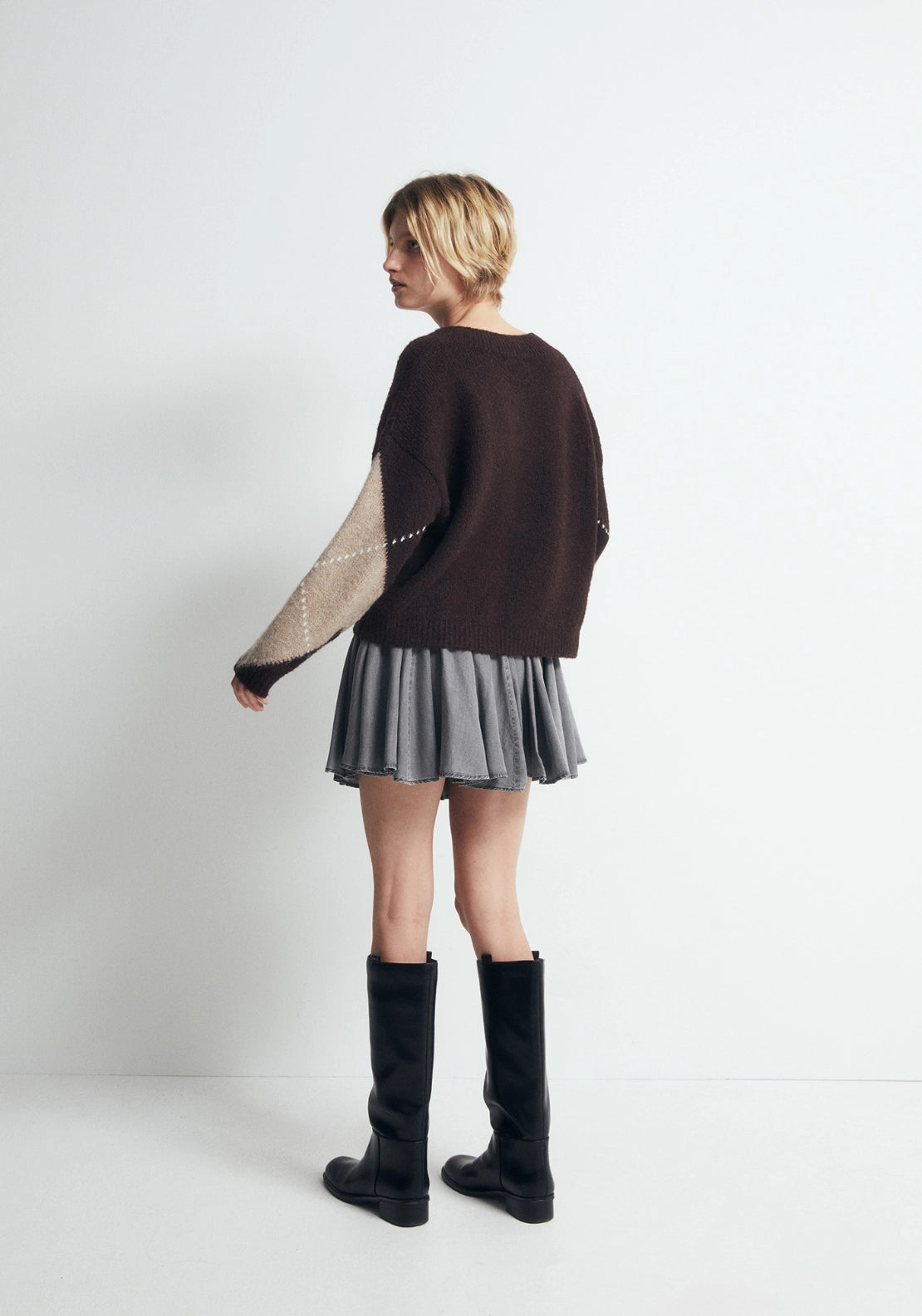 Argyle V Neck Knit Jumper - Dark Brown
