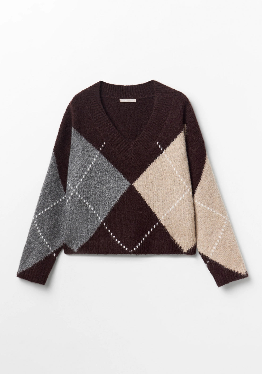 Argyle V Neck Knit Jumper - Dark Brown