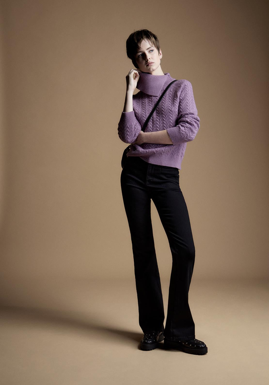 Sfera Asymmetrical Collar Cable Knit Sweater - Purple 4 Shaws Department Stores