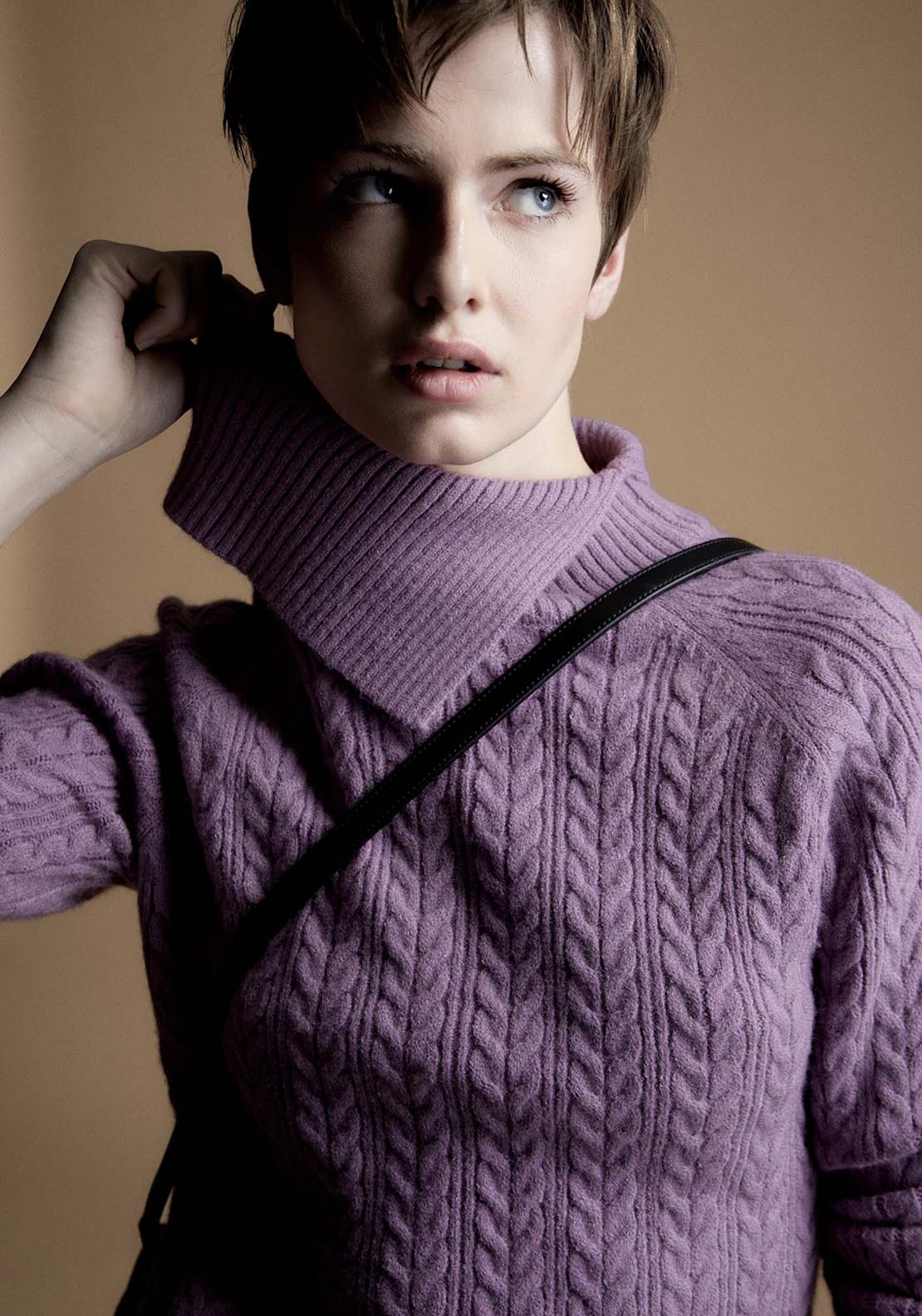 Sfera Asymmetrical Collar Cable Knit Sweater - Purple 3 Shaws Department Stores