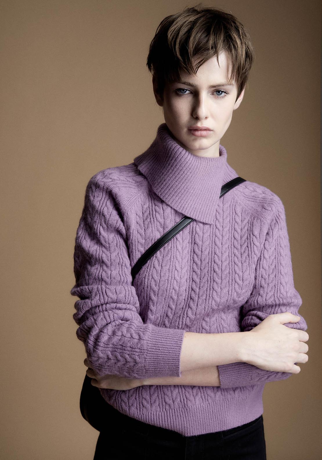 Sfera Asymmetrical Collar Cable Knit Sweater - Purple 1 Shaws Department Stores