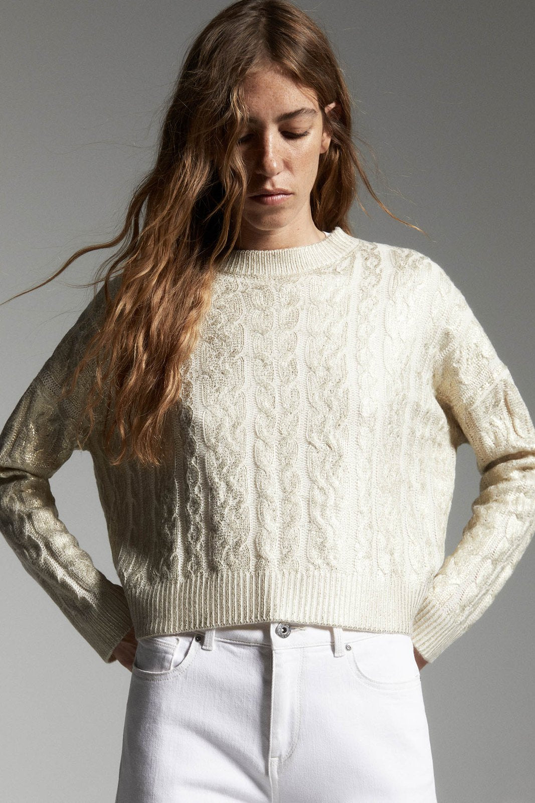 Gold Foil Cable Knit Sweater - Gold