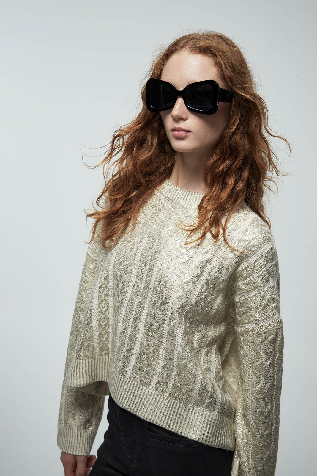 Gold Foil Cable Knit Sweater - Gold