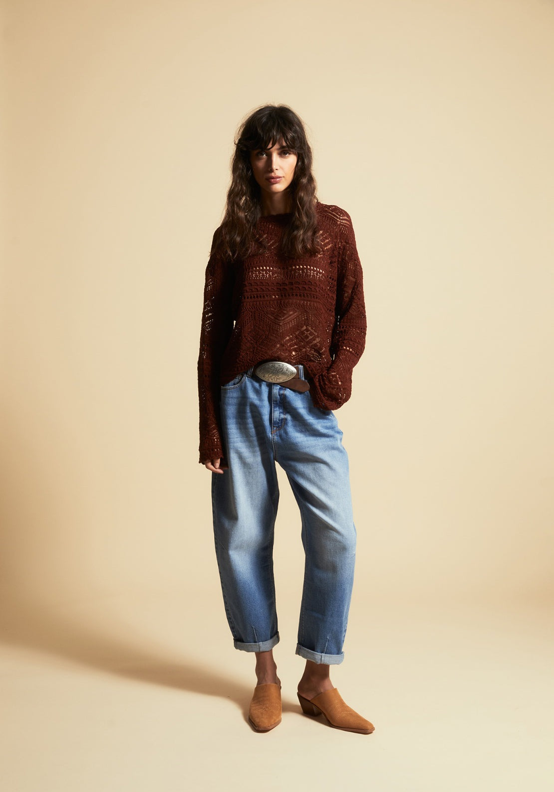 Openwork Knit Sweater - Orange