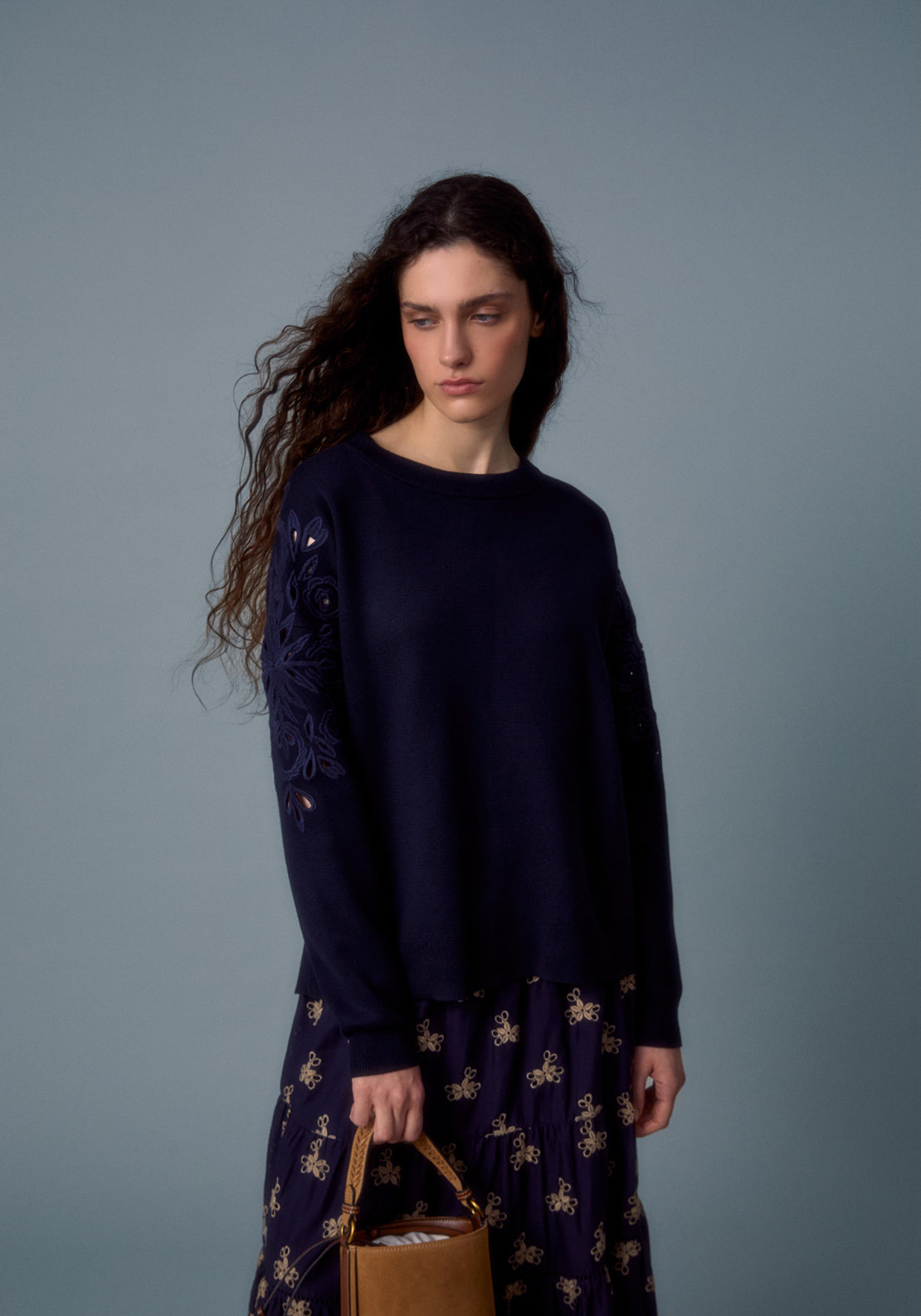 Embroidered Crew Sweater - Blue
